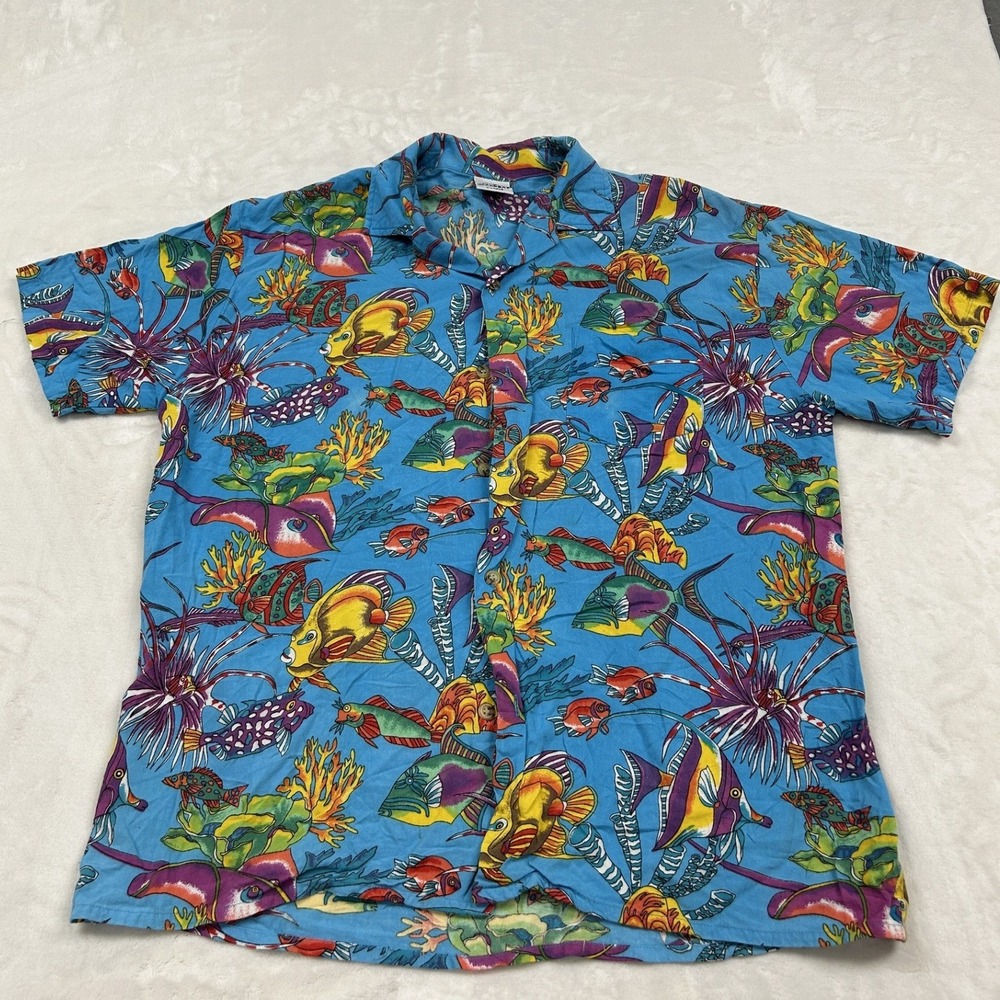 Sportif USA Button Down Shirt Mens XL Blue Tropical Fish Coral Sea Life Print